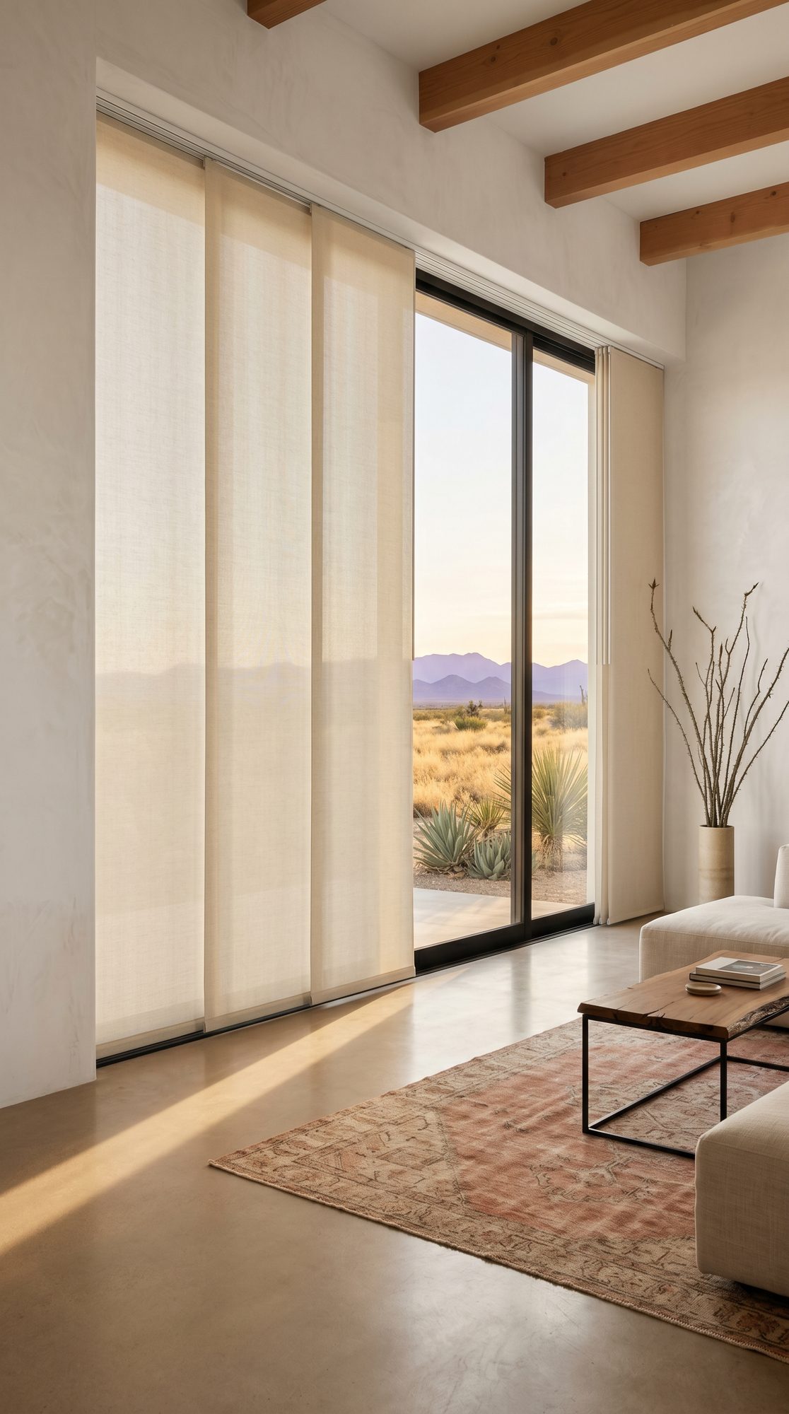 Panel track roller shade in a West Texas desert modern home
