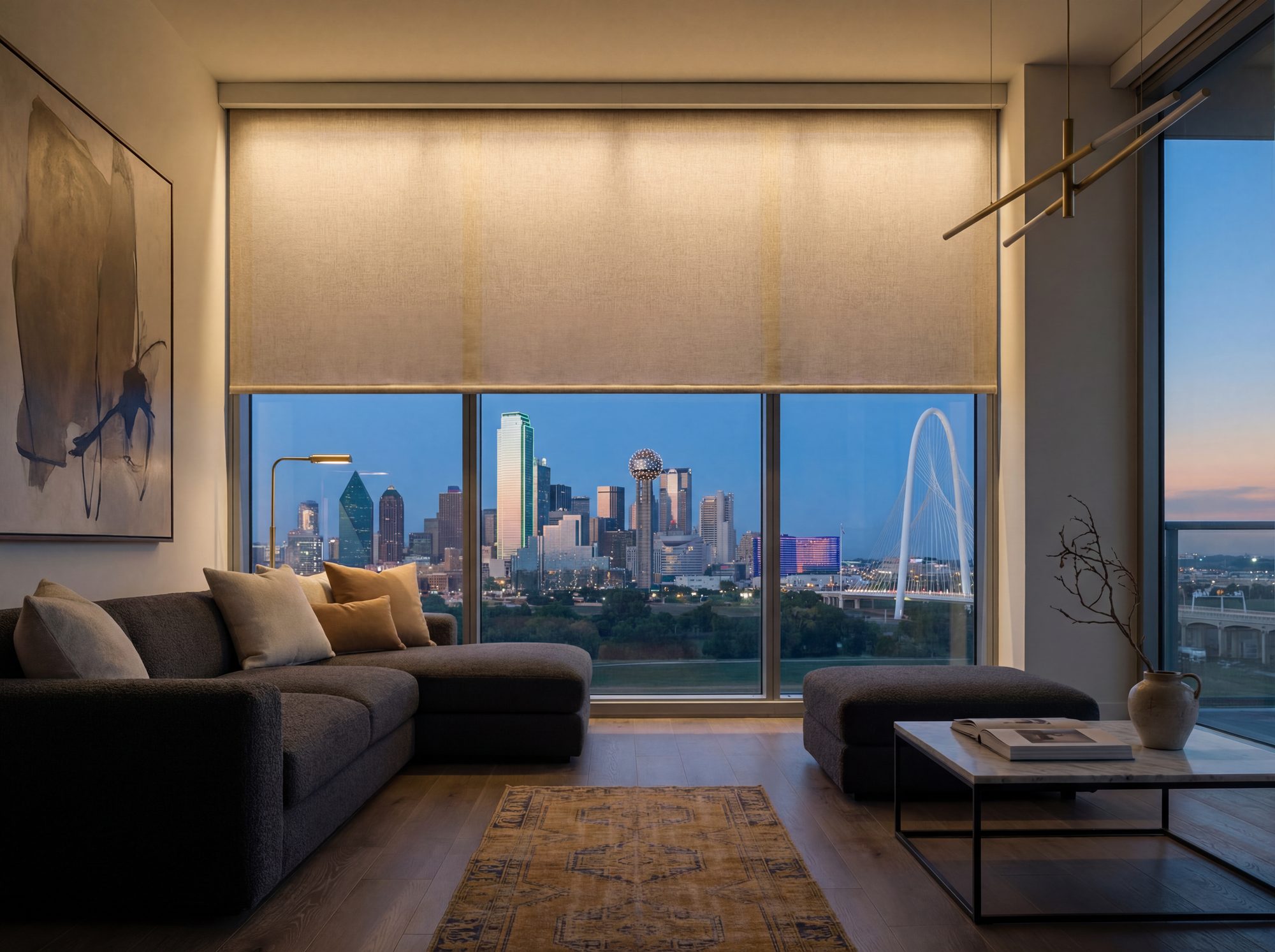 Roller shades in a Dallas high-rise living room at blue hour
