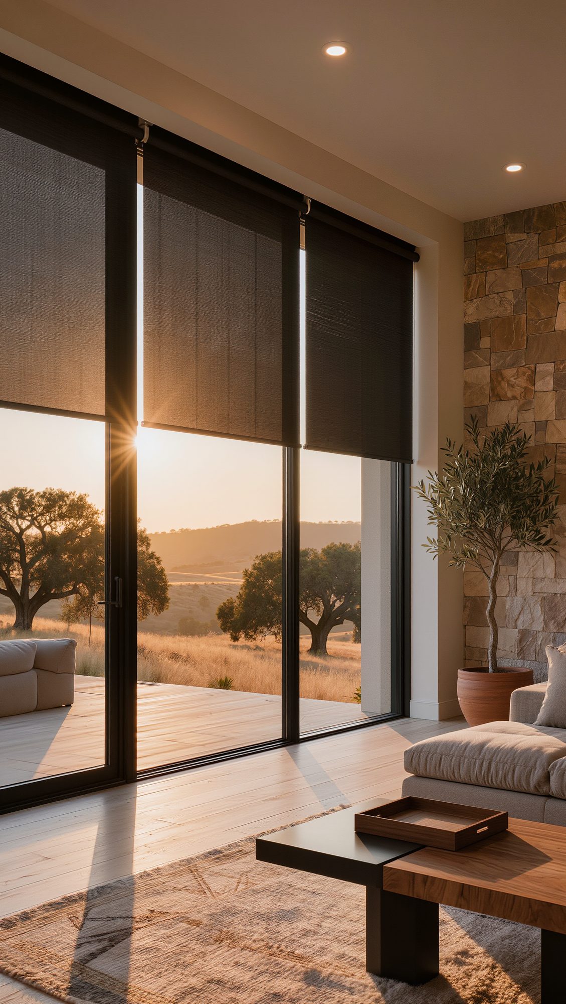 5% black roller shade in a Texas Hill Country modern home at sunset