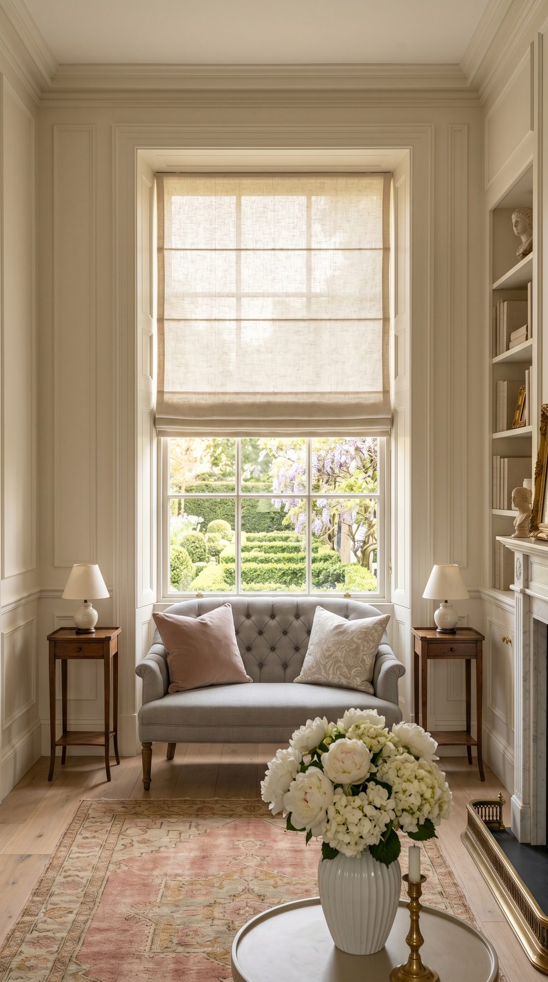 Flat fold Roman shade in an elegant traditional home