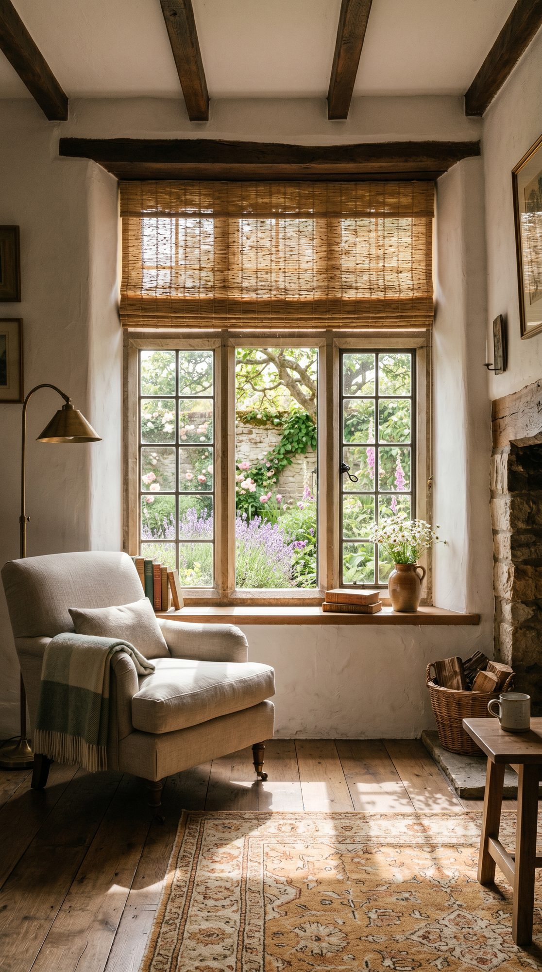 Natural woven wood shades in a cottage with wildflower garden